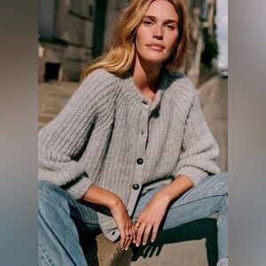 Sezane Emile Alpaca Wool Cardigan Sweater in Mottled Grey